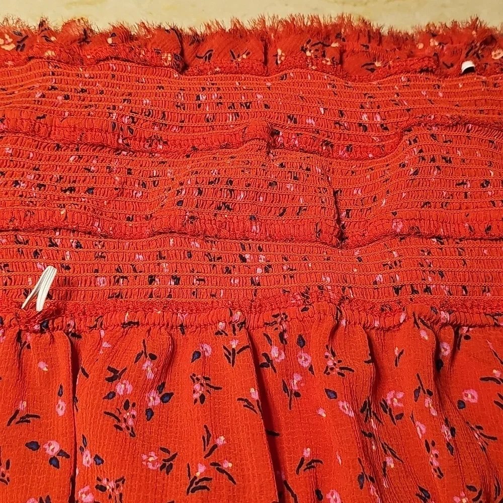 Free People Womens Tied Square Keyhole Neckline Red Floral Polyester Blouse M - Picture 8 of 8